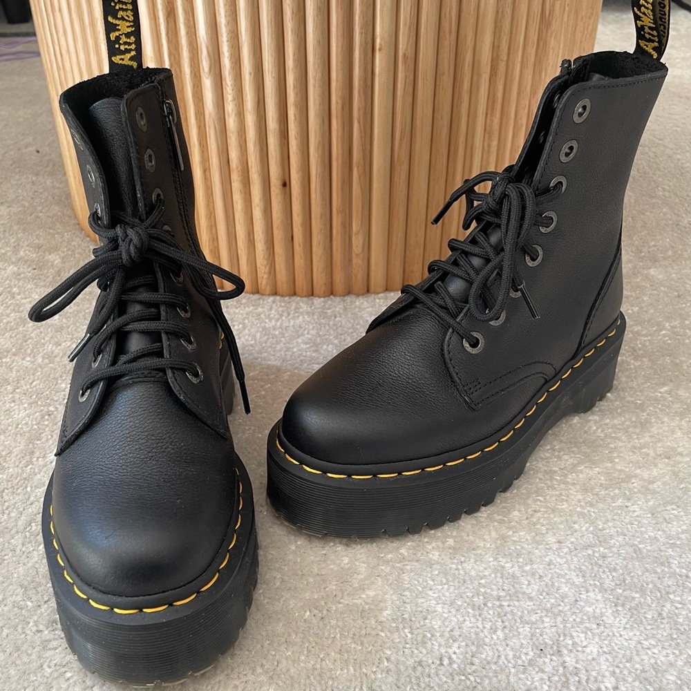 Dr. Martens Black Platform Lace-Up Combat Boots with Yellow Stitching